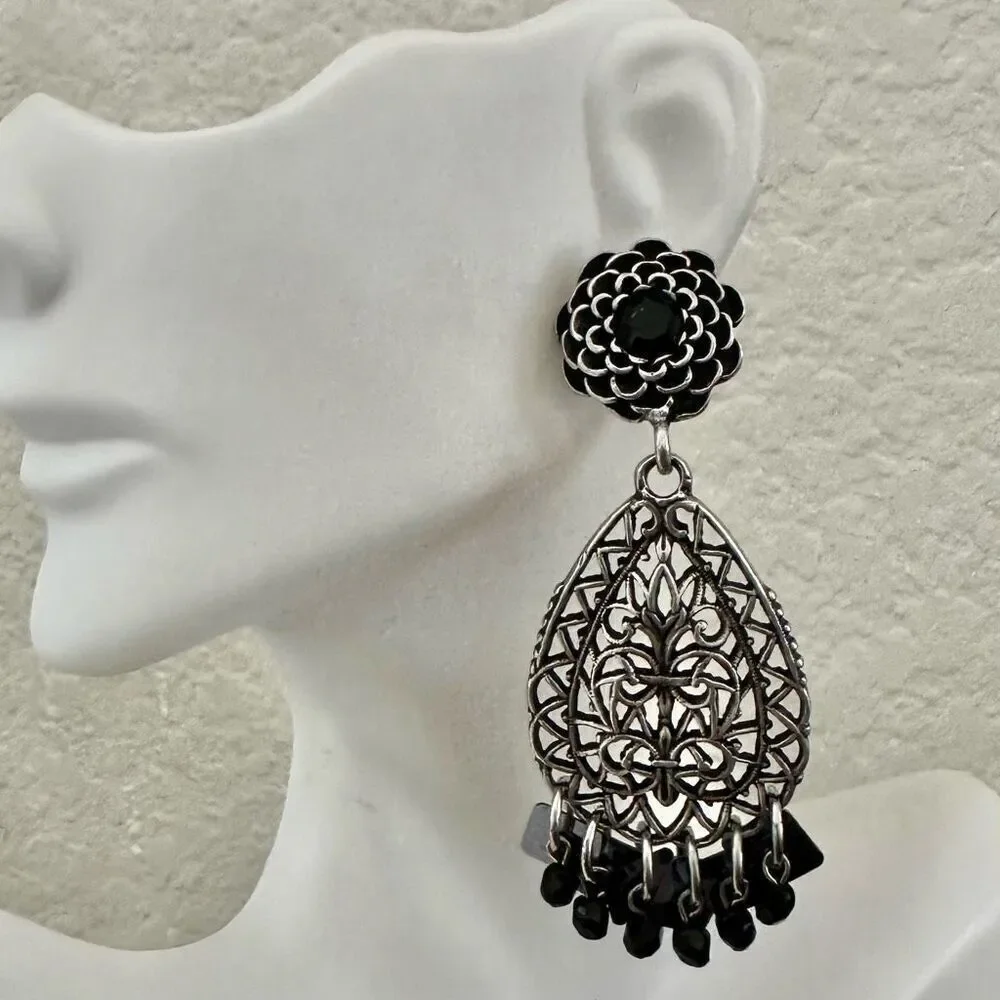 Chico’s   silver tone teardrop  black  drop earrings